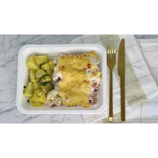 Bloemkoolgratin met ham en aardappelen